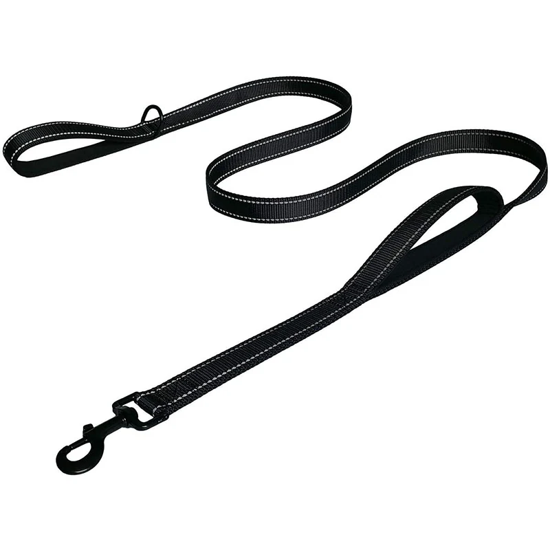 Black woven nylon strap with reinforced stitching, looped ends, and a metal swivel snap hook.