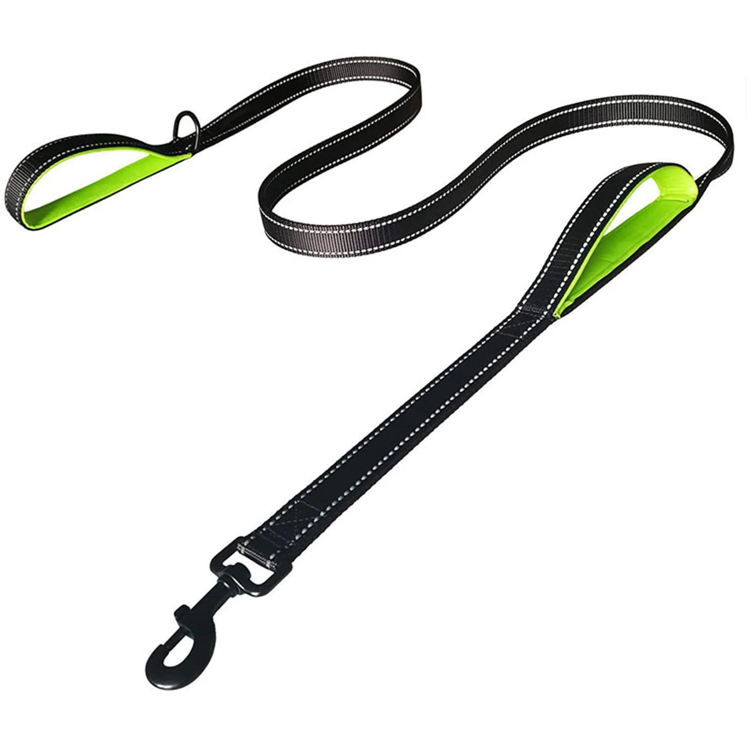 Black dog leash with reflective stitching and neon green padded handles on a white background