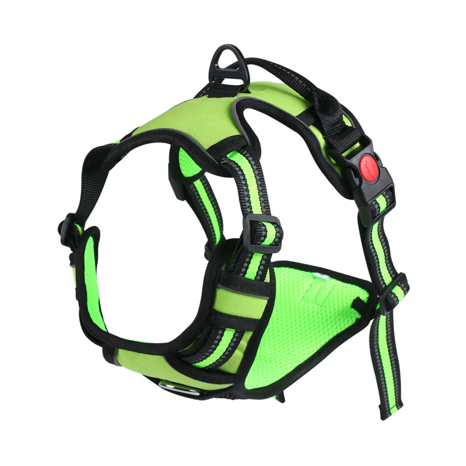 Bright green and black pet harness with reflective straps and a red release buckle.