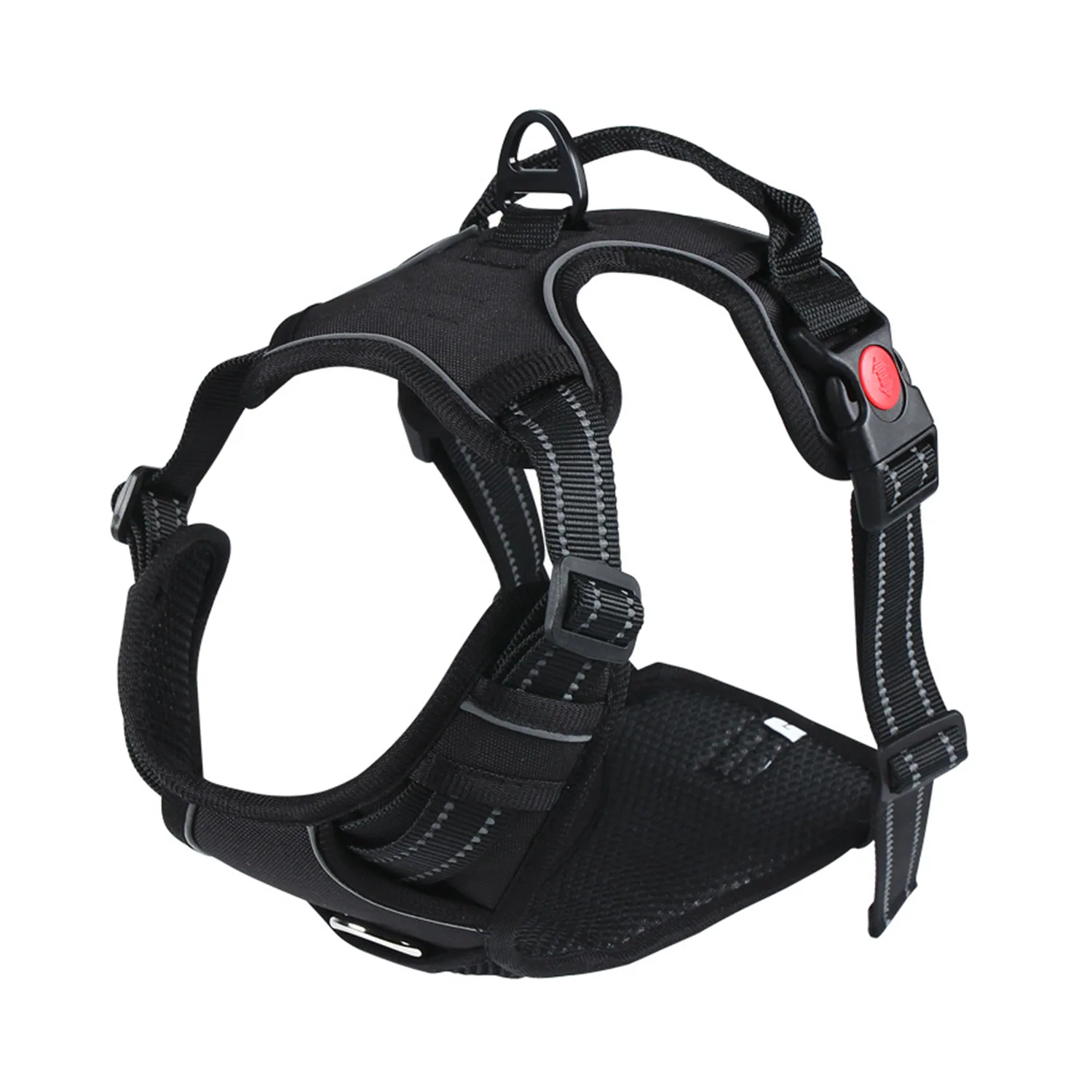 Black mesh dog harness with adjustable straps, reflective stitching, and a red quick-release buckle.