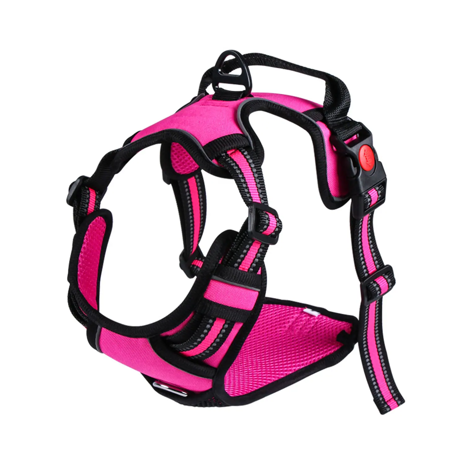 Pink and black dog harness with reflective strips and mesh padding on a white background