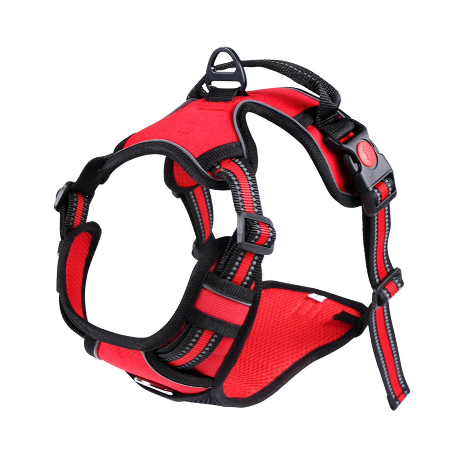 Red and black dog harness with mesh padding and adjustable straps on a white background