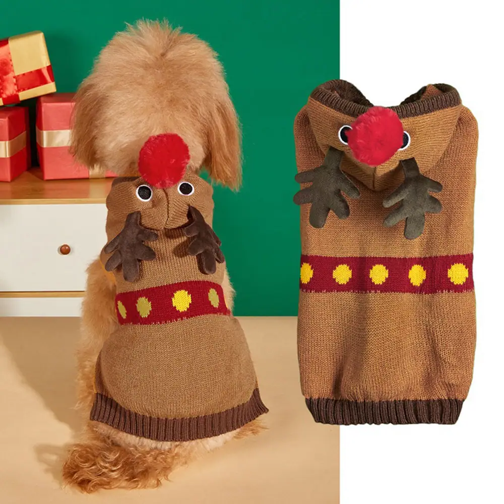 A brown knitted dog sweater with a reindeer face and a small poodle wearing it.