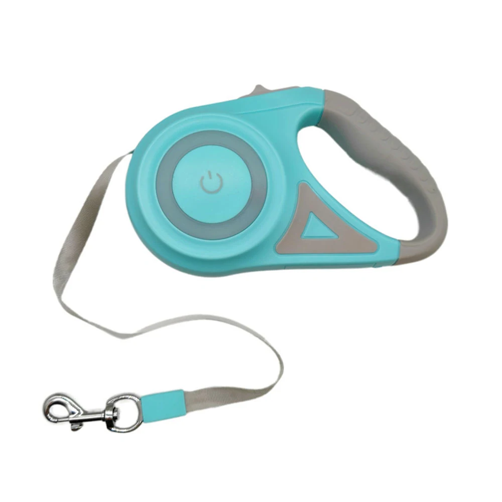 Teal retractable dog leash with grey handle and metal clip on white background