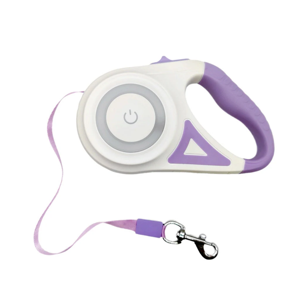 White and purple retractable dog leash with silver metal clip