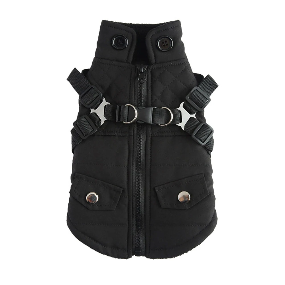 A black, quilted pet vest with a front zipper, two snap-button pockets, and an adjustable harness strap.