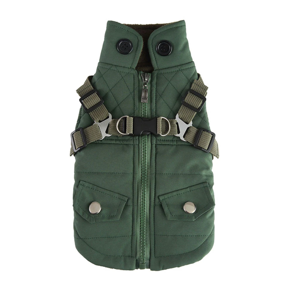 Green quilted dog vest with harness straps and front pockets