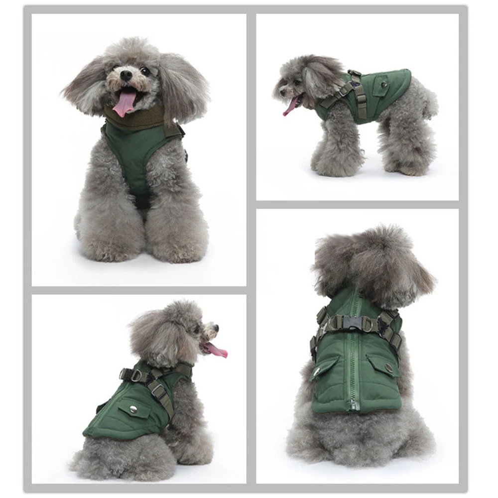 Collage of four product shots showing a gray poodle wearing a green vest harness from various angles.