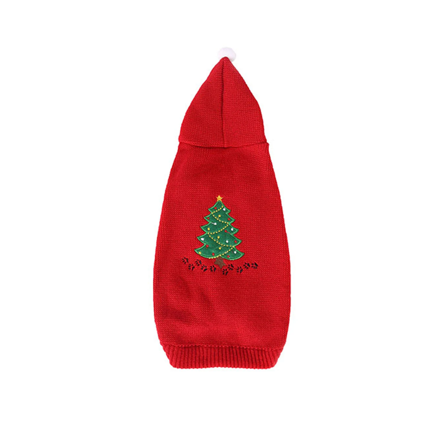 Red knitted Christmas tree costume with a white pom-pom