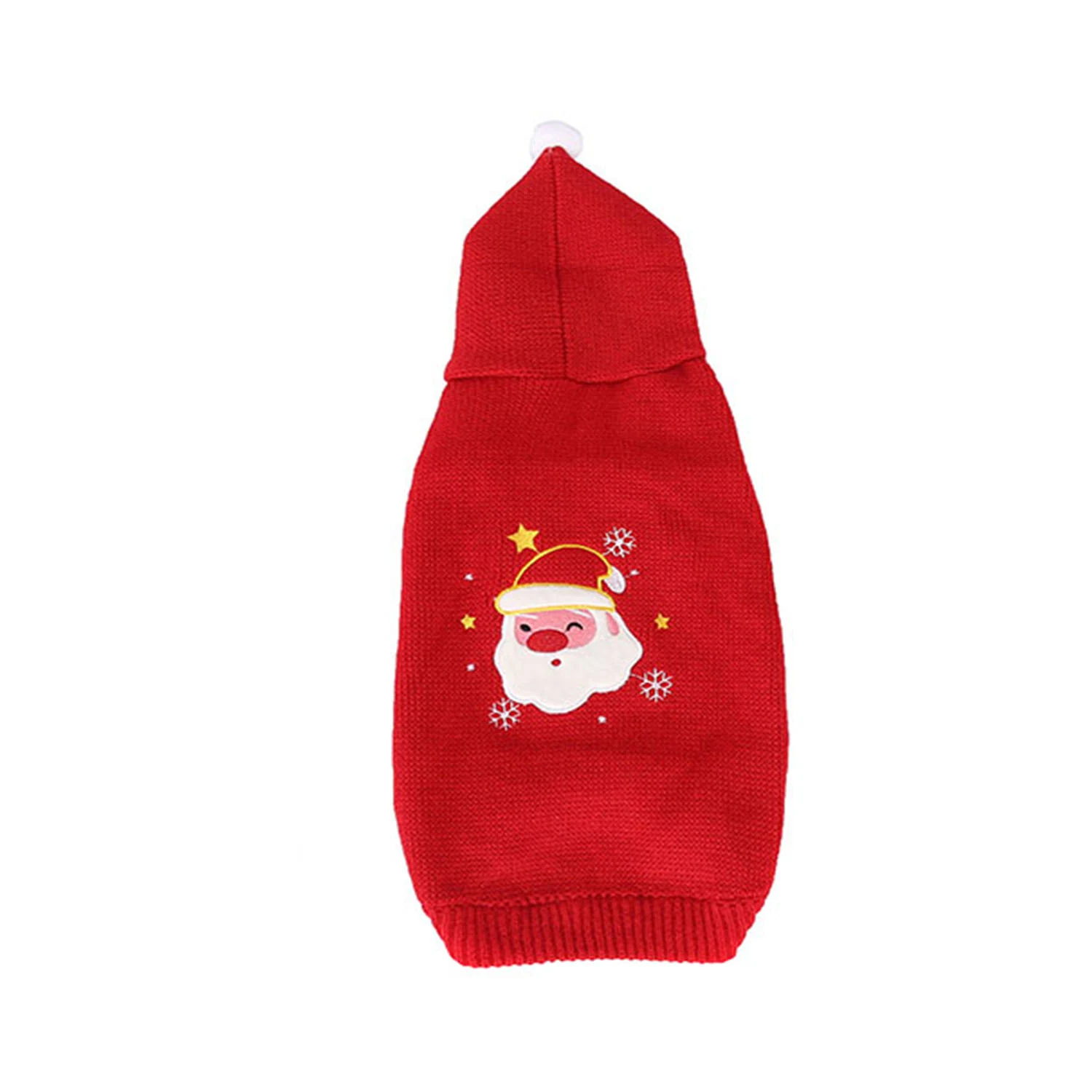 Red knitted pet sweater with a hood and a Santa Claus face design