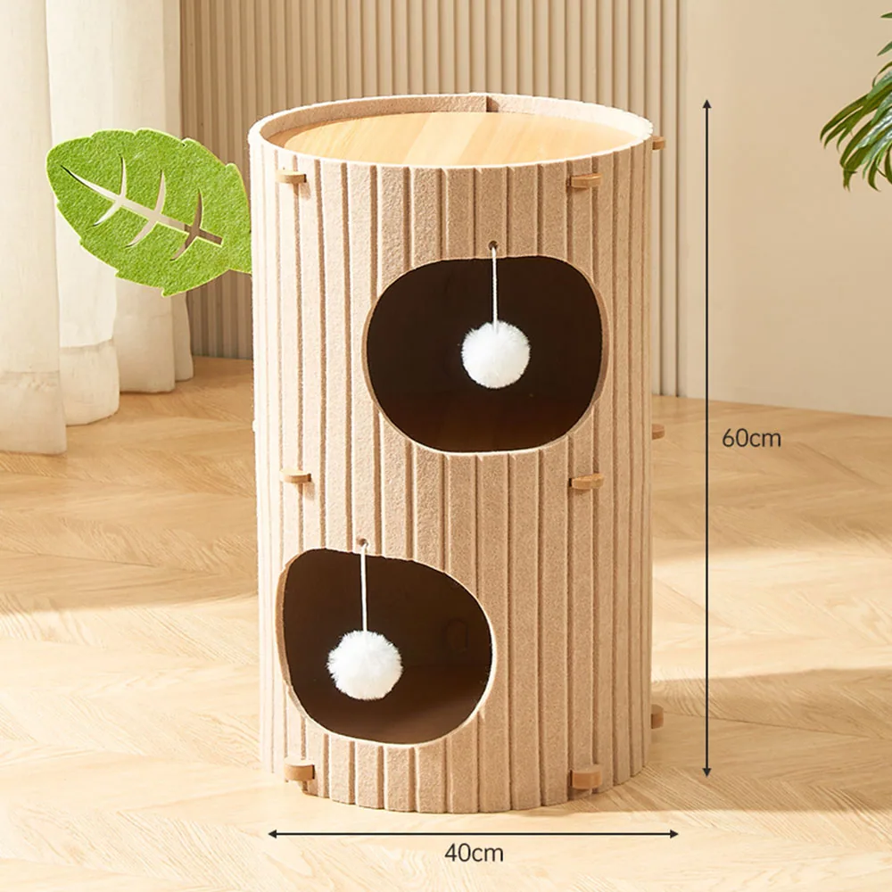 Cylindrical beige felt cat tree with two openings and hanging white pom-poms, showing 60cm height and 40cm width.