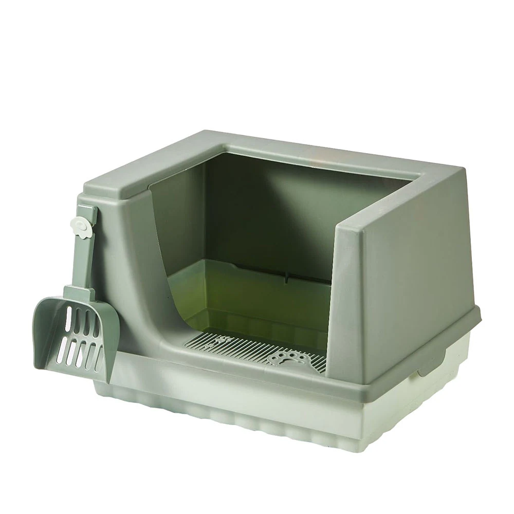 Grey plastic covered cat litter box with a sifting step and an attached scoop.