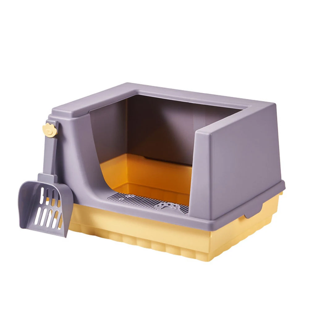 Grey and yellow plastic covered cat litter box with a scoop attached to the side.