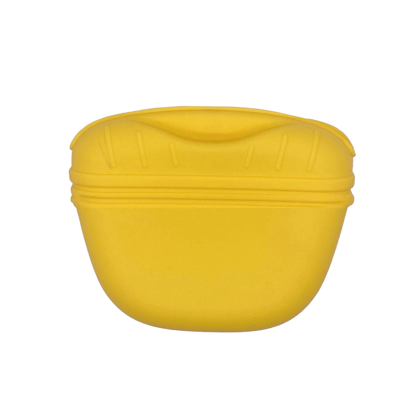 Yellow silicone protective case with textured top and ridged rim on a white background