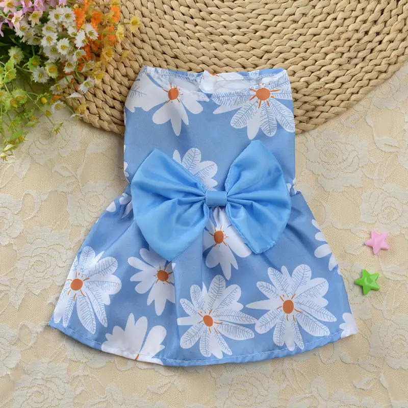 Blue daisy pattern pet dress with large blue bow