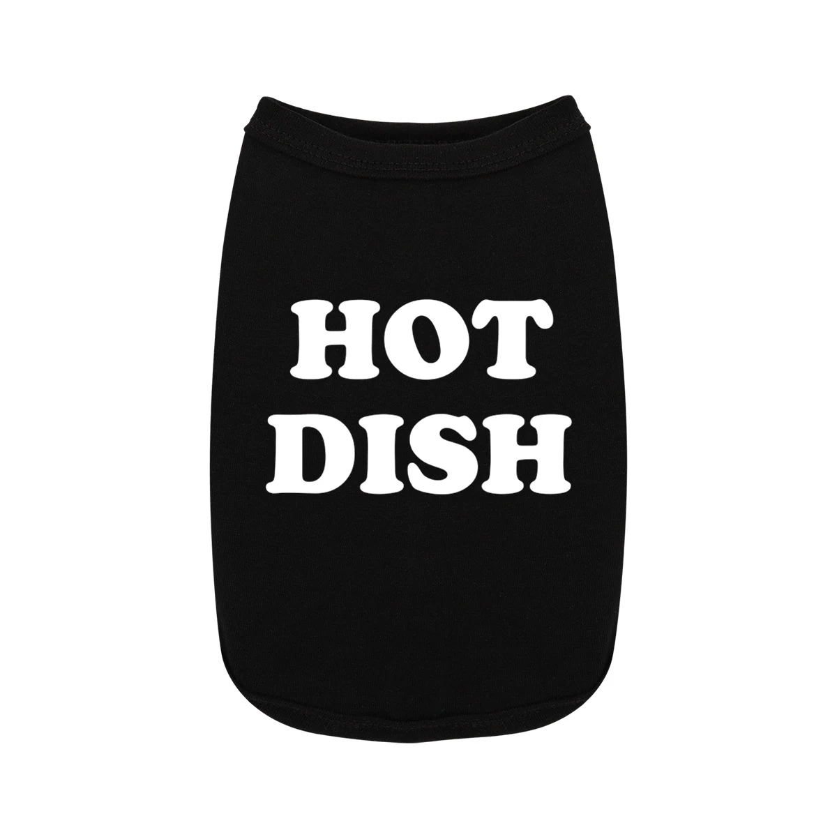 A black dog shirt with the words "HOT DISH" printed in white text.
