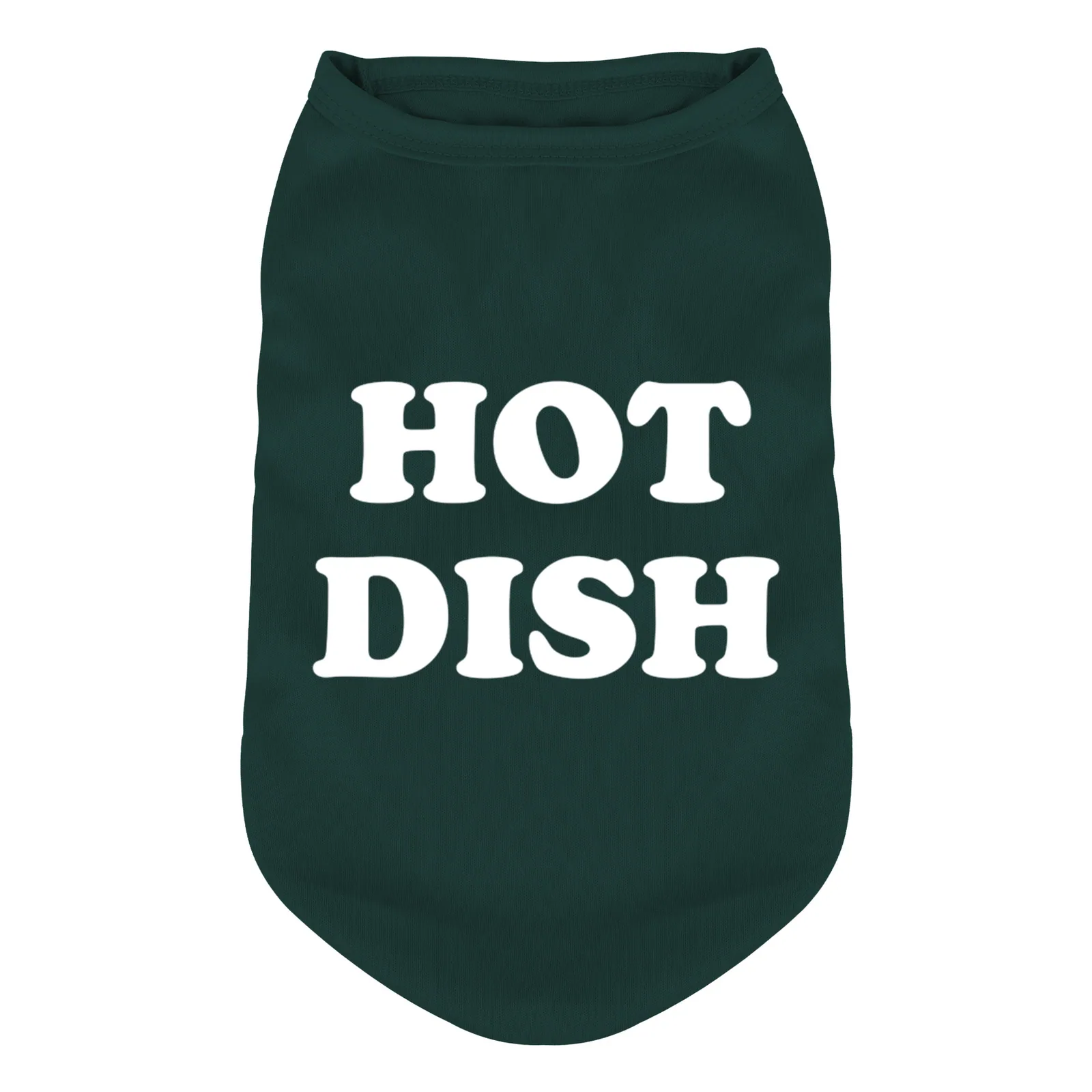 Dark green dog bandana featuring the words HOT DISH printed in white.
