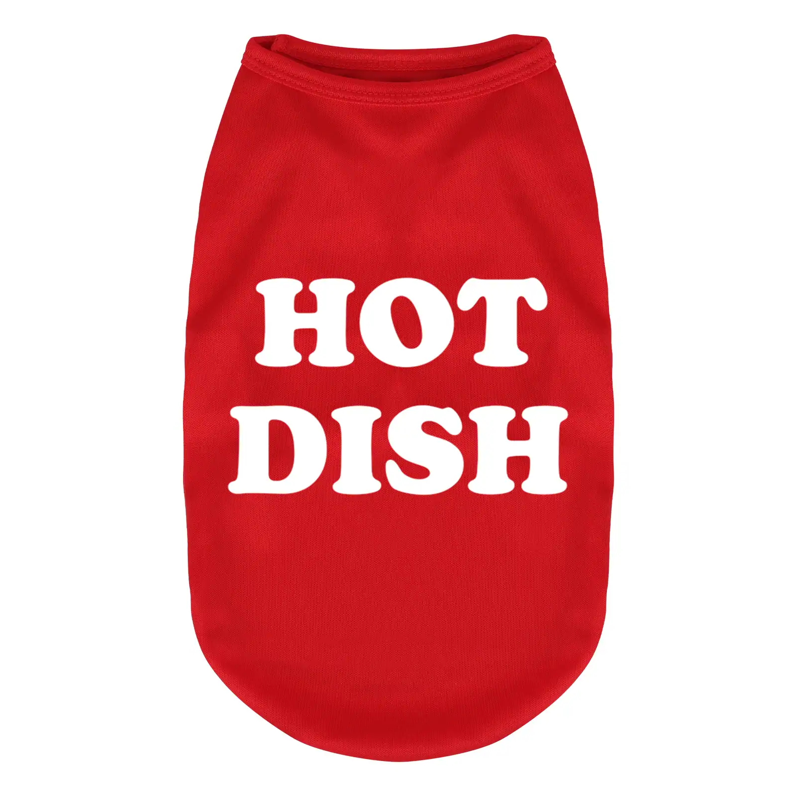 Red dog shirt with white text HOT DISH on front
