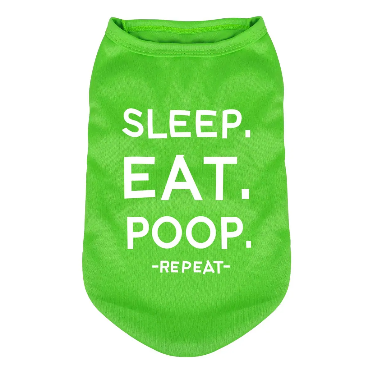 Bright green dog bandana with the white text 'SLEEP. EAT. POOP. -REPEAT-'
