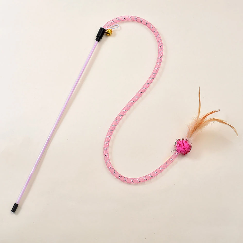 Pink cat teaser wand with feather and pom-pom attachment on a white background