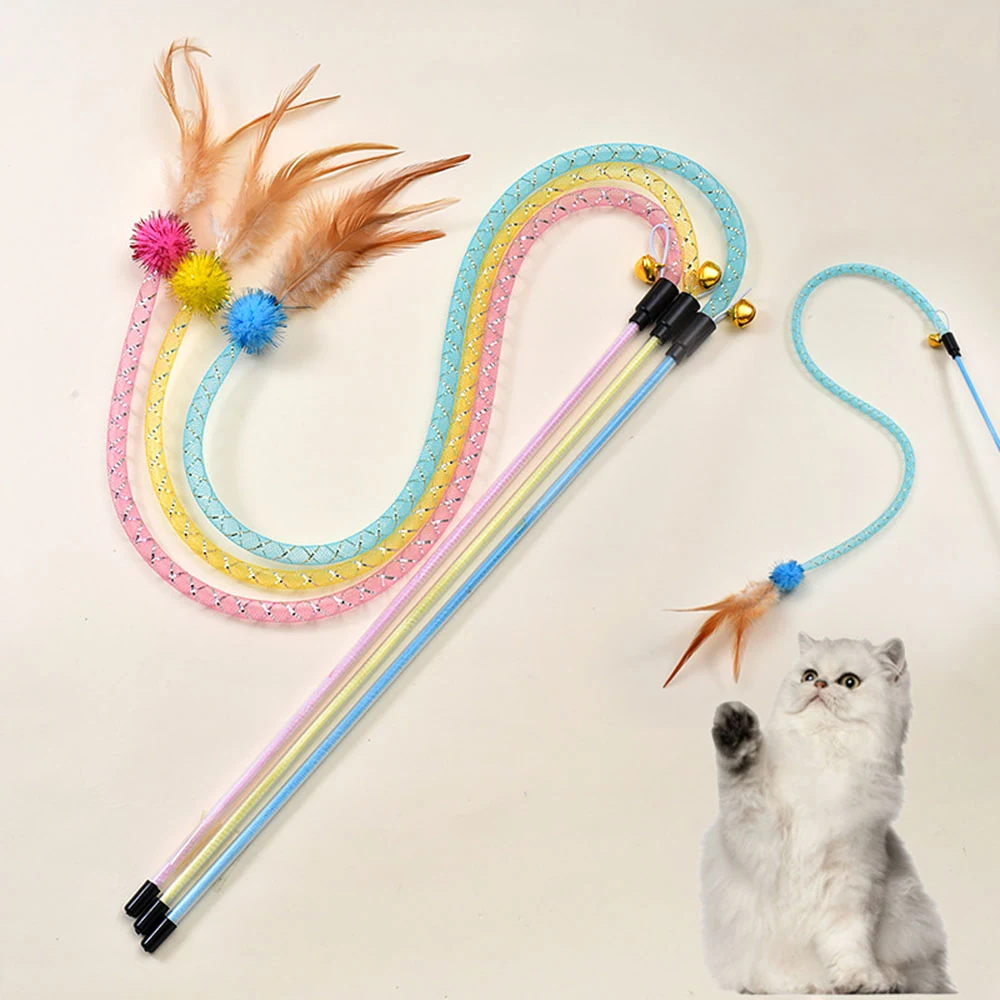 Several colorful cat teaser wands with feathers, pom-poms, and bells arranged next to a white kitten.