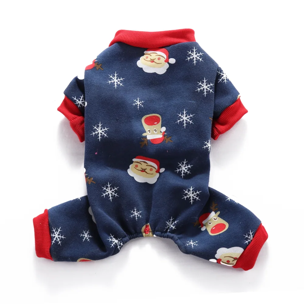 Navy blue pet pajamas with red cuffs and a Christmas print featuring Santa Claus and snowflakes