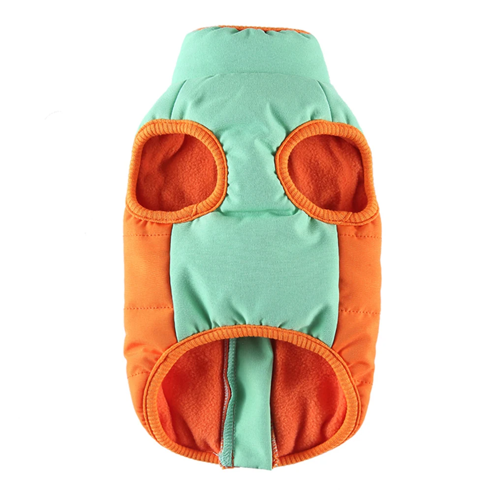 Front view of a mint green and orange pet coat with fleece lining and leg openings.