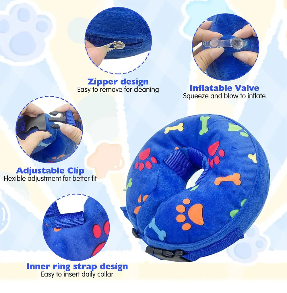 Marketing collage showing features of an inflatable blue dog recovery collar, including zipper, valve, and strap.