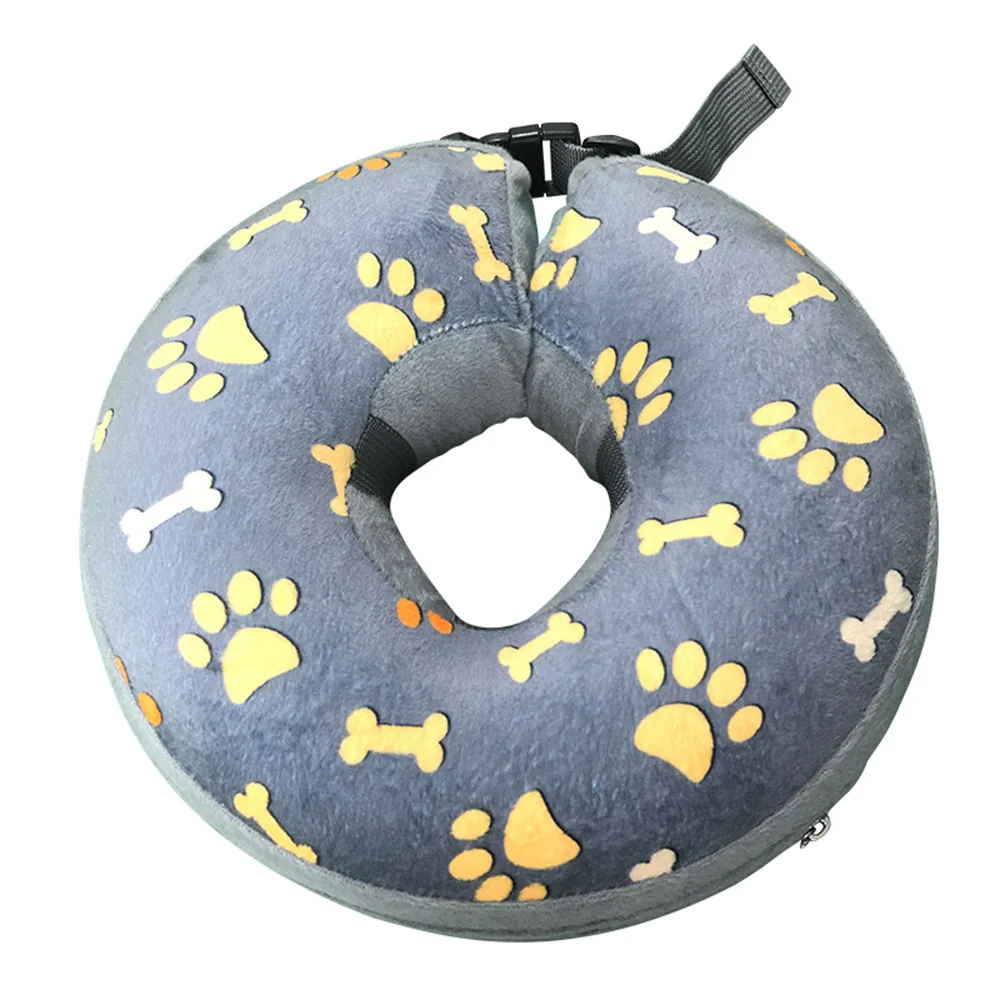 Grey inflatable pet cone with paw and bone pattern