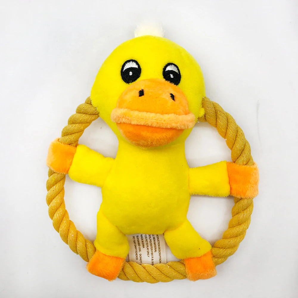 Yellow plush duck toy attached to a circular rope frame