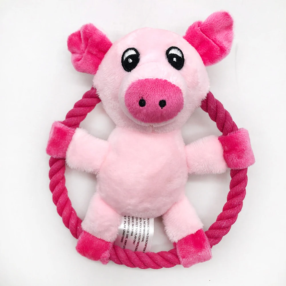 Pink plush pig toy attached to a red rope ring handle