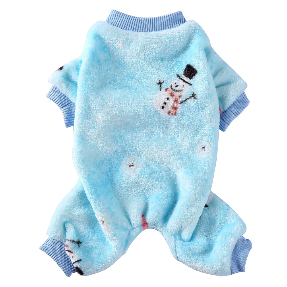 Blue fleece four-legged pet sweater with snowman pattern