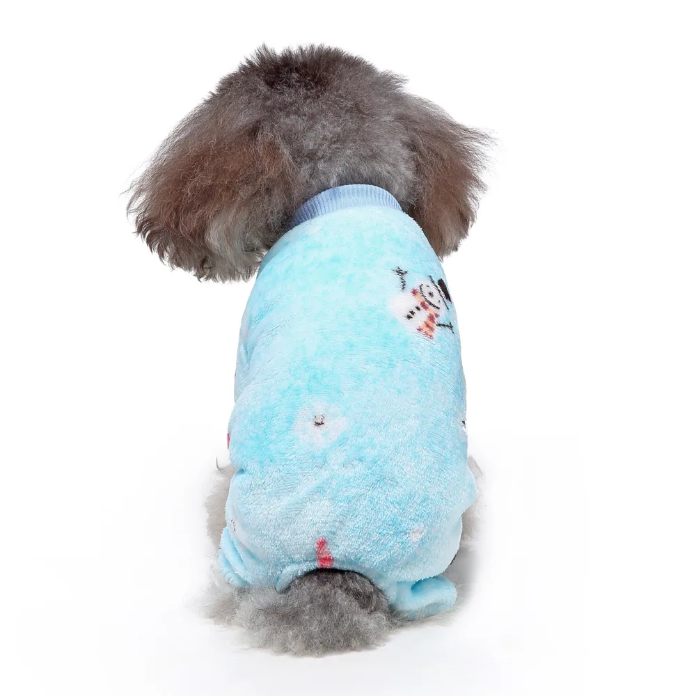 A small, fluffy grey dog is viewed from behind wearing a light blue sweater with a snowman design.