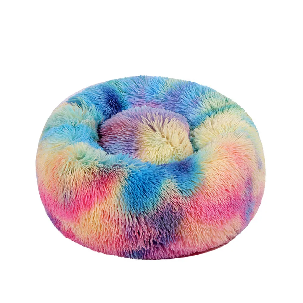 Round, multicolored, fluffy pet bed with a raised rim.