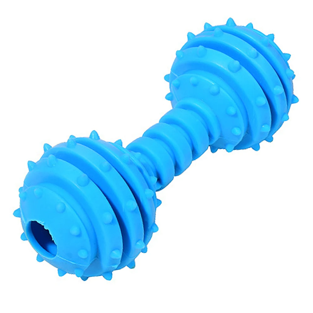 Blue dumbbell-shaped dog chew toy with textured nubs