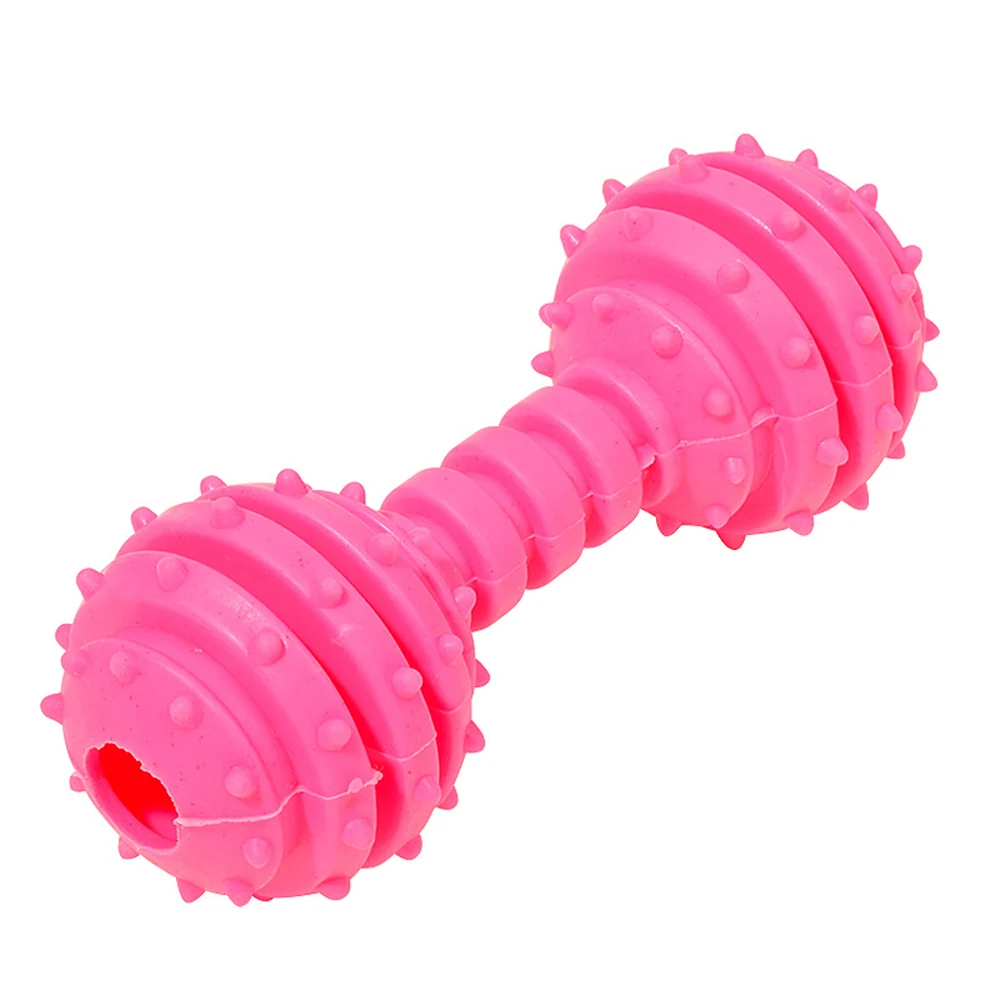 Pink rubber dumbbell-shaped chew toy with textured bumps