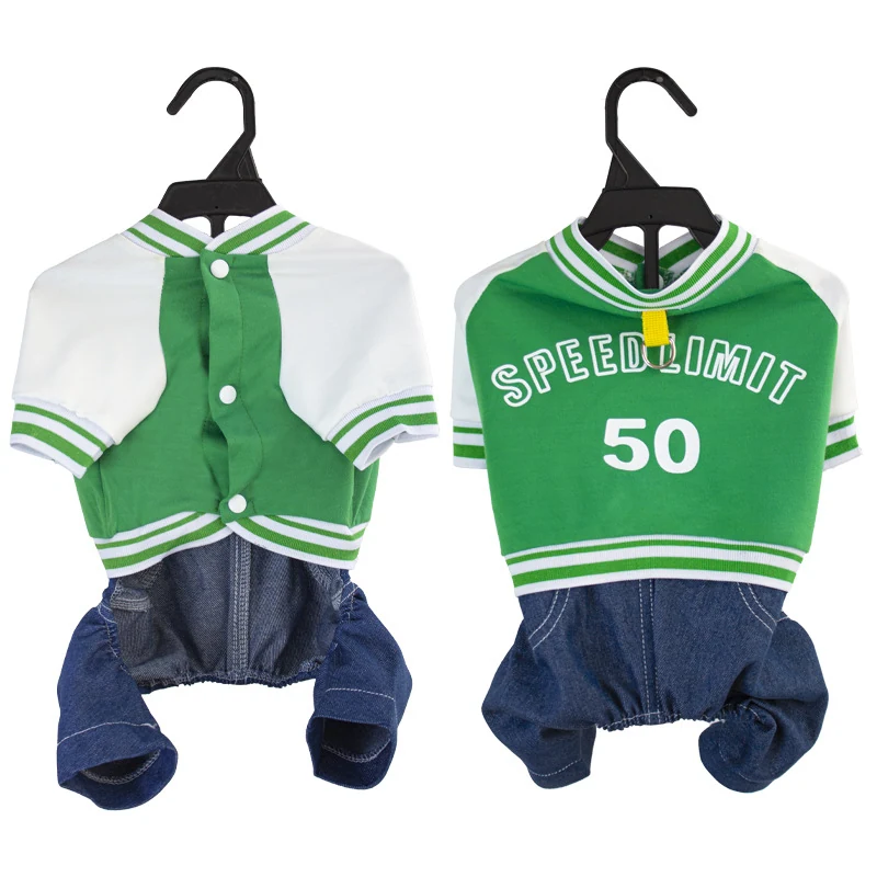 Front and back views of a green and white baseball-style pet shirt with denim sleeves on hangers