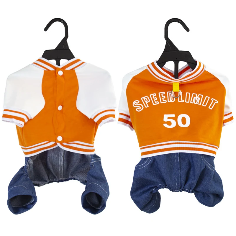 Front and back views of an orange and white varsity style jacket attached to blue denim pants.