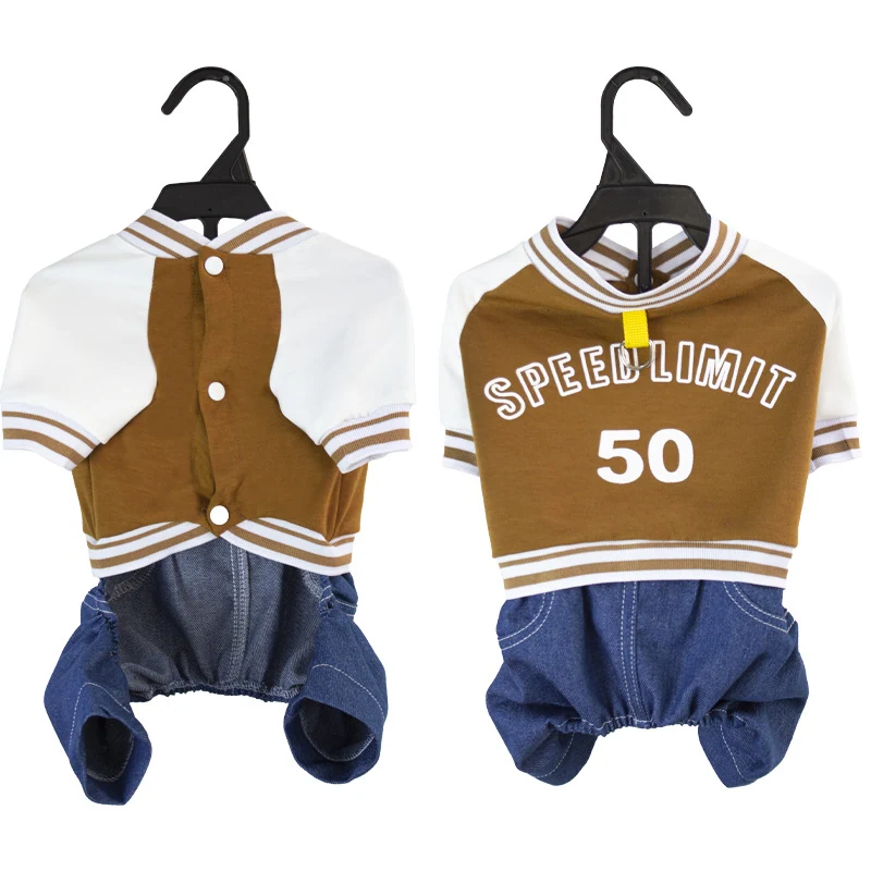 Front and back view of brown and white baseball-style dog clothing with denim legs.