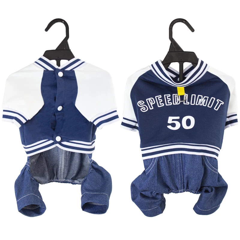 Front and back views of a navy blue and white pet baseball shirt with denim pants hanging on black hangers.