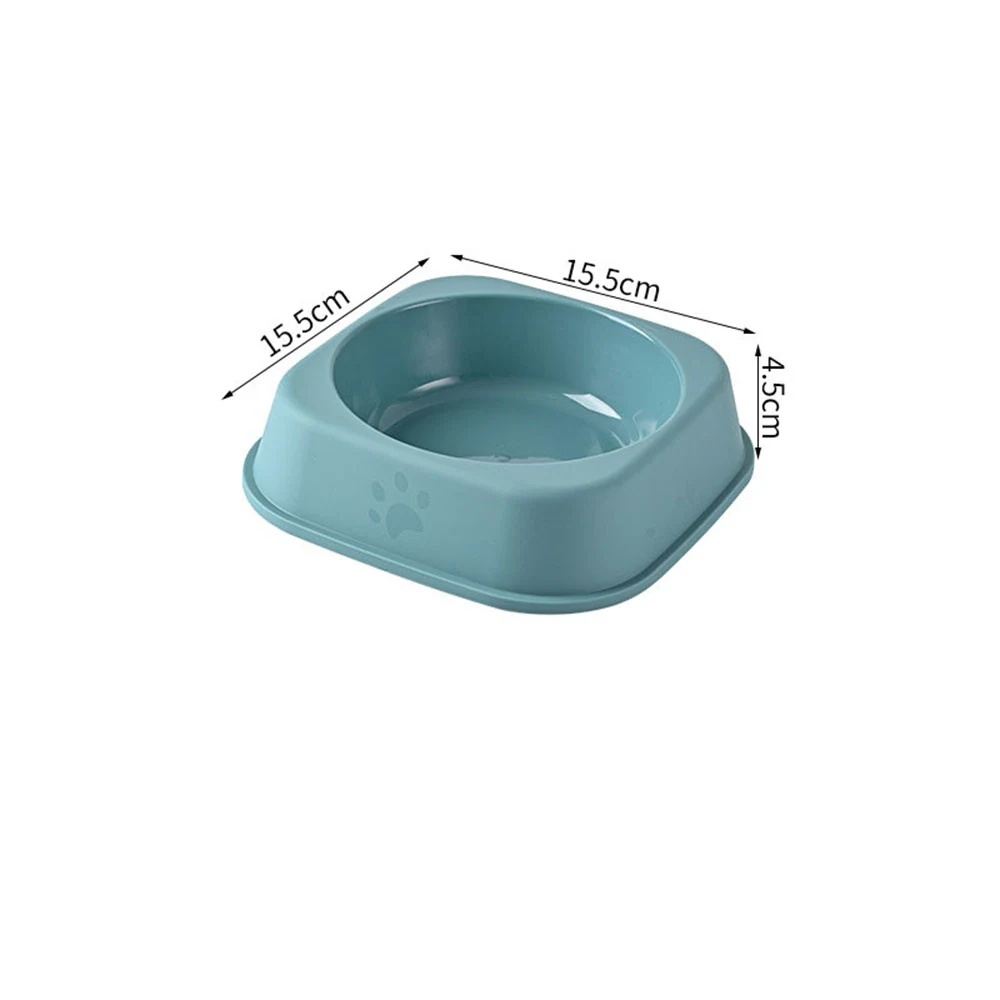 Light blue square pet bowl with paw print design and dimension lines.