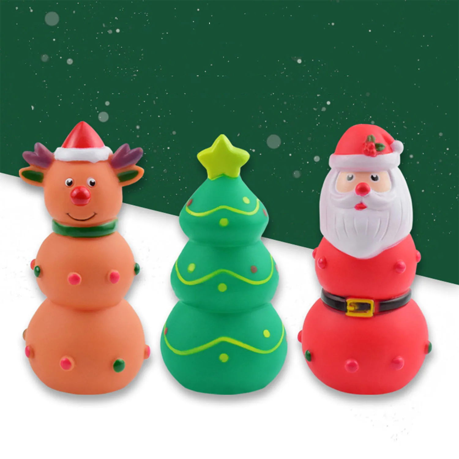 Three stacked Christmas-themed toy figures: reindeer, tree, and Santa, on a diagonal green and white background.
