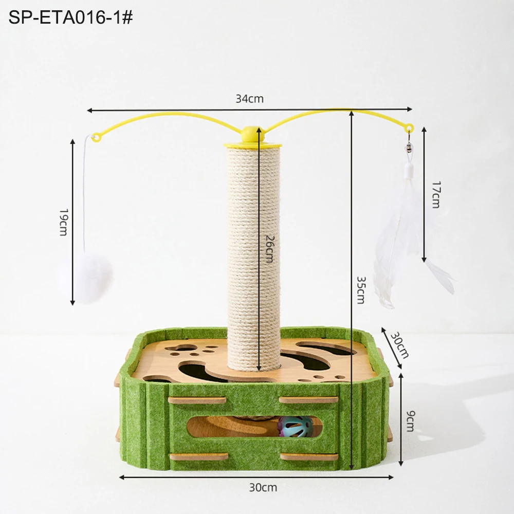 Green felt cat scratcher with sisal post and feather toy, shown with dimensions.