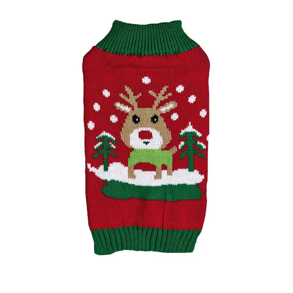 Red knitted pet sweater featuring a reindeer design with green trim.