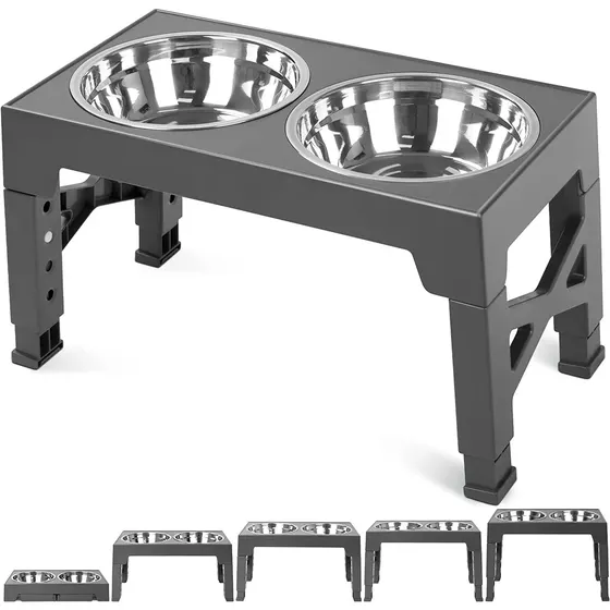 Elevated double dog bowl stand with two stainless steel bowls and adjustable height legs