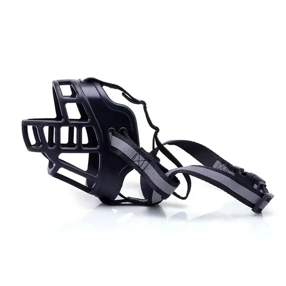 Black plastic dog muzzle with adjustable grey and black straps