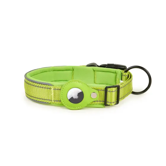 Lime green dog collar with reflective trim and a circular device attachment