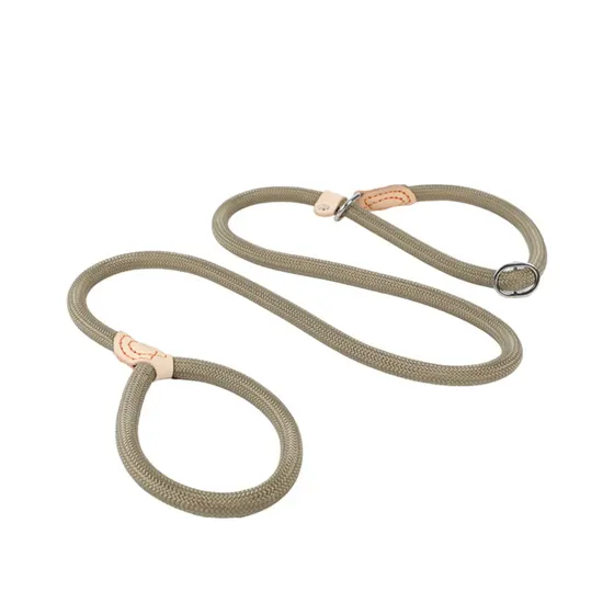 A tan rope dog leash with leather accents and metal hardware on a white background.