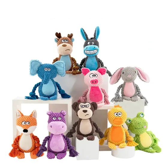 Assortment of colorful knitted stuffed animals including a fox, hippo, monkey, elephant, donkey, and frog.