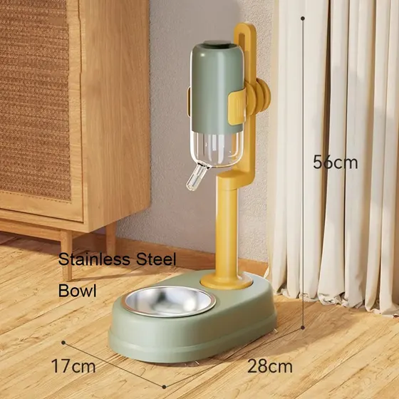 Wall-mounted pet water dispenser with stainless steel bowl on a stand, showing dimensions.